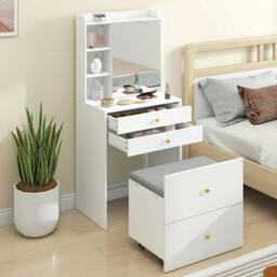 Rackhams Dressing Table with Mirror and Stool, Makeup Desk with Drawers, White - 60 - thumbnail 2