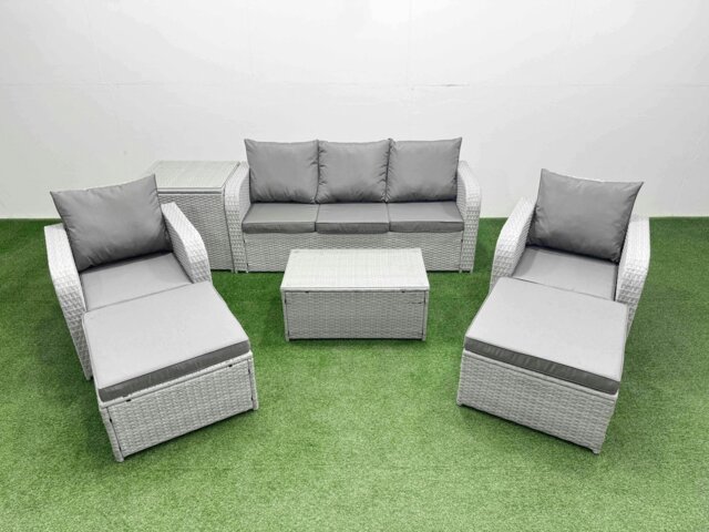 Rackhams PE Rattan Garden Furniture Set Reclining Chair Sofa Lounge Sofa Set Oblong Coffee Table Side Table 2 Big Footstool Light Grey - image 1