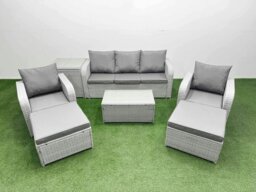 Rackhams PE Rattan Garden Furniture Set Reclining Chair Sofa Lounge Sofa Set Oblong Coffee Table Side Table 2 Big Footstool Light Grey - thumbnail 1