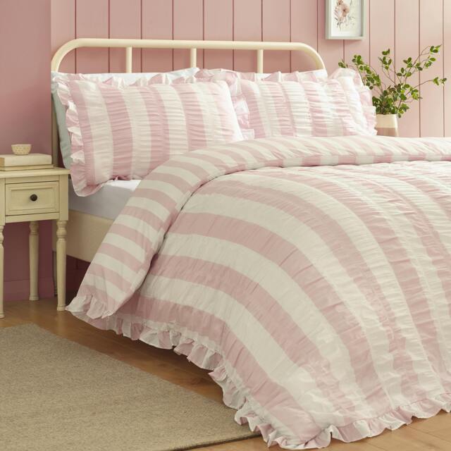 Rackhams Seersucker Frill Stripe Duvet Cover Set Pink - Double - Pink - image 1