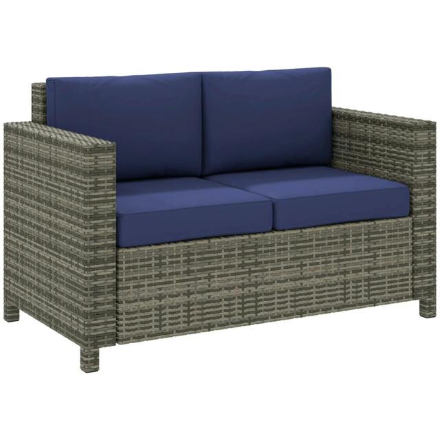 Rackhams Rattan Sofa, 2 Seater Garden Furniture with Soft Padded Cushion and Armrests, Wicker Garden Loveseat for Patio, Navy Blue