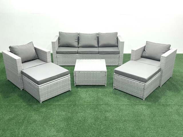 Rackhams 7 Seater Rattan Garden Furniture Set with 3 Seater Sofa 2 Chair Square Coffee Table 2 Big Footstools Light Grey Mixed - image 1