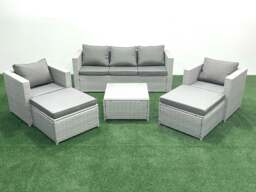 Rackhams 7 Seater Rattan Garden Furniture Set with 3 Seater Sofa 2 Chair Square Coffee Table 2 Big Footstools Light Grey Mixed - thumbnail 1