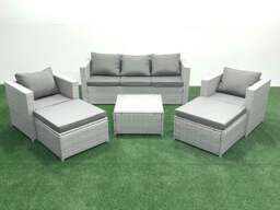 Rackhams 7 Seater Rattan Garden Furniture Set with 3 Seater Sofa 2 Chair Square Coffee Table 2 Big Footstools Light Grey Mixed - thumbnail 2