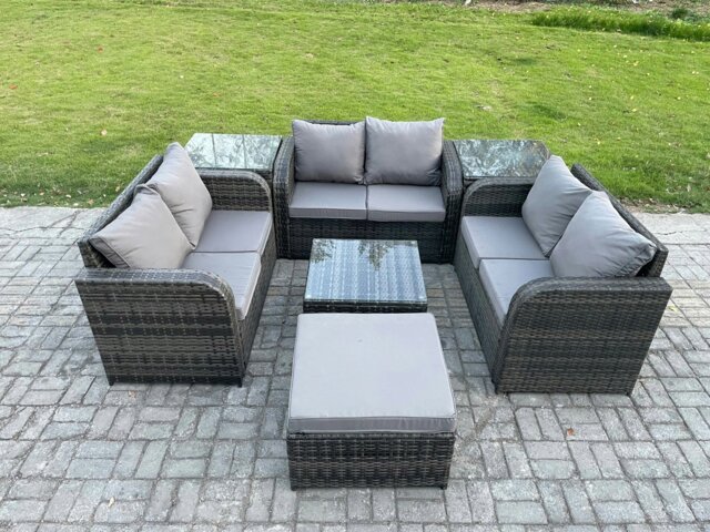 Rackhams Outdoor Garden Furniture Sets 7 Seater Wicker Rattan Furniture Sofa Sets with Square Coffee Table Love seat Sofa Big Footstool 2 Side Tables - image 1