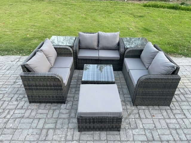 Rackhams Outdoor Garden Furniture Sets 7 Seater Wicker Rattan Furniture Sofa Sets with Square Coffee Table Love seat Sofa Big Footstool 2 Side Tables - image 1