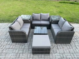 Rackhams Outdoor Garden Furniture Sets 7 Seater Wicker Rattan Furniture Sofa Sets with Square Coffee Table Love seat Sofa Big Footstool 2 Side Tables