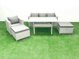 Rackhams Rattan Garden Furniture Set Outdoor 6 Seater Patio Dining Sets with Glass Top Dining Table Light Grey Mixed - thumbnail 1