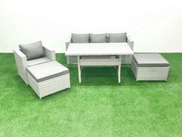 Rackhams Rattan Garden Furniture Set Outdoor 6 Seater Patio Dining Sets with Glass Top Dining Table Light Grey Mixed - thumbnail 2