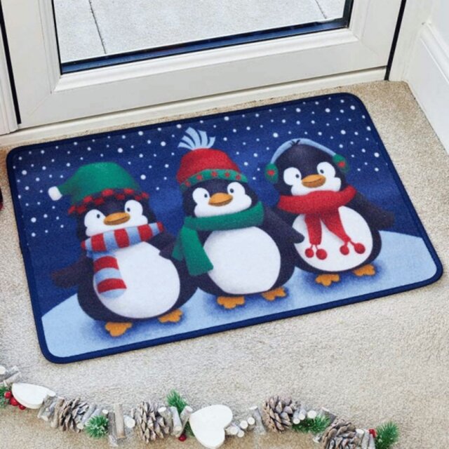 Rackhams 60cm x 40cm Frosty Penguins Fabric Christmas Doormat - image 1
