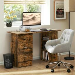 Rackhams 120cm Computer Desk, Study Table with 3 Shelf & Drawers, Grey - Brown - thumbnail 1