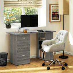 Rackhams 120cm Computer Desk, Study Table with 3 Shelf & Drawers, Grey - Brown - thumbnail 3