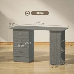 Rackhams 120cm Computer Desk, Study Table with 3 Shelf & Drawers, Grey - Brown - thumbnail 6