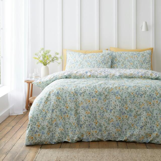 Rackhams Ditsy Floral 200 Thread Count Cotton Reversible Duvet Cover Set Green - Double - Green - image 1