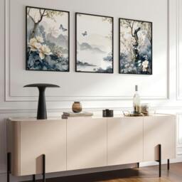 Rackhams Paintings For Living Room - Set of 3 Chinoiserie Wall art Prints - 20 x 30 in / 50 x 76 cm - Matte Museum Quality Art Paper 290 gsm - White Frame - thumbnail 4