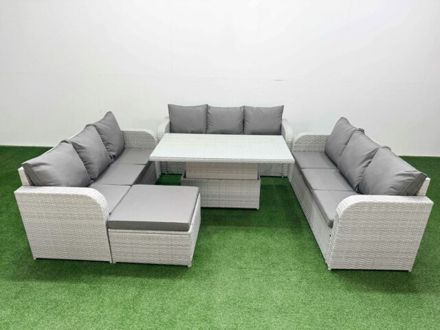 Rackhams 10-Seater Light Grey PE Rattan Outdoor Lounge Set - Adjustable Dining/Coffee Table, 3-Seater Sofa, Large Footstool - image 1