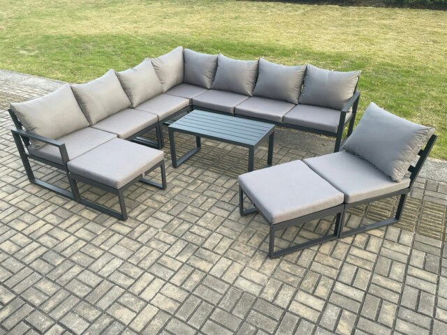 Rackhams Aluminium 10 Seater Patio Outdoor Garden Furniture Lounge Corner Sofa Set with Oblong Coffee Table 2 Big Footstools Dark Grey