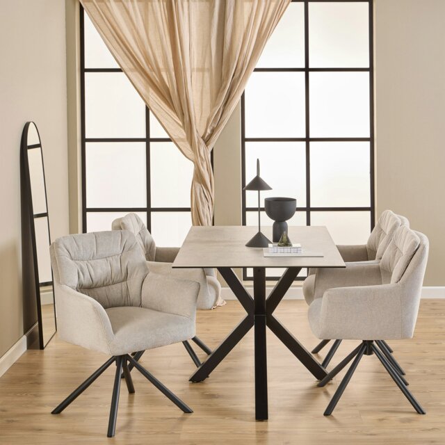 Rackhams Heaven Dining Table with Ceramic White Top 135cm Included 4 Alonso Swivel Cream Dining Chair with Armrest - Black - No - White - image 1