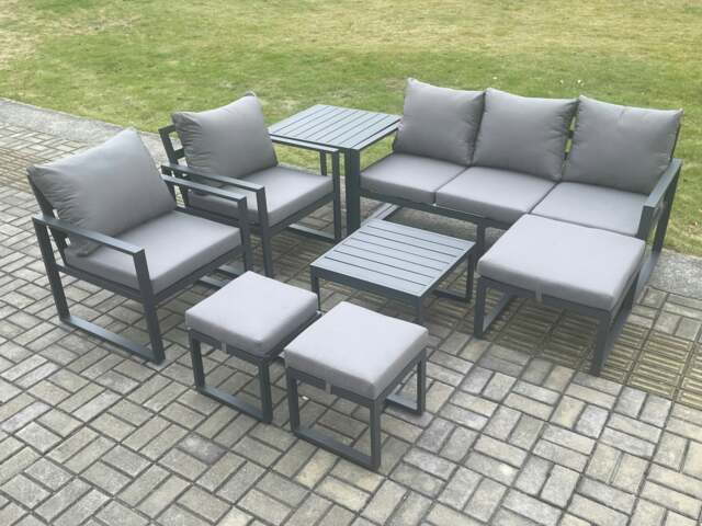 Rackhams Aluminium Outdoor Lounge Sofa Set Garden Furniture Sets with Square Coffee Table 2 Chairs 3 Footstools Side Table Dark Grey 8 Seater - image 1