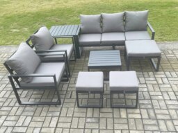 Rackhams Aluminium Outdoor Lounge Sofa Set Garden Furniture Sets with Square Coffee Table 2 Chairs 3 Footstools Side Table Dark Grey 8 Seater - thumbnail 2
