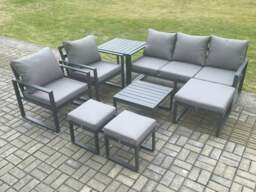 Rackhams Aluminium Outdoor Lounge Sofa Set Garden Furniture Sets with Square Coffee Table 2 Chairs 3 Footstools Side Table Dark Grey 8 Seater - thumbnail 1