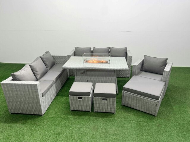 Rackhams 10 Seat PE Rattan Lounge Sofa Set Outdoor Garden Furniture Set with Fire Pit Dining Table 3 Seater Sofa 3 Stools Light Grey - image 1