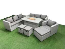 Rackhams 10 Seat PE Rattan Lounge Sofa Set Outdoor Garden Furniture Set with Fire Pit Dining Table 3 Seater Sofa 3 Stools Light Grey - thumbnail 2