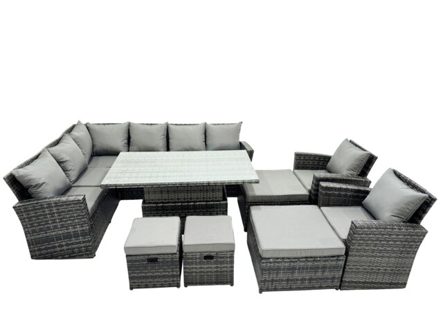 Rackhams Poly Rattan Outdoor Patio Height Adjustable Rising Lifting Table Corner Sofa Set with 4 Stool,2 Chairs for Garden Backyard Dark Grey Mixed - image 1