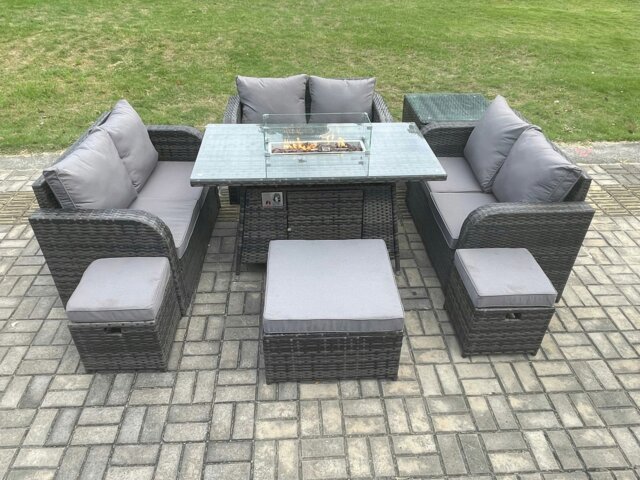 Rackhams 9 Seater Outdoor Rattan Furniture Garden Dining Set Gas Fire Pit Table with Side Table Love Sofa 3 Footstools Dark Grey Mixed - image 1