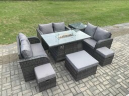 Rackhams 9 Seater Outdoor Rattan Furniture Garden Dining Set Gas Fire Pit Table with Side Table Love Sofa 3 Footstools Dark Grey Mixed - thumbnail 2