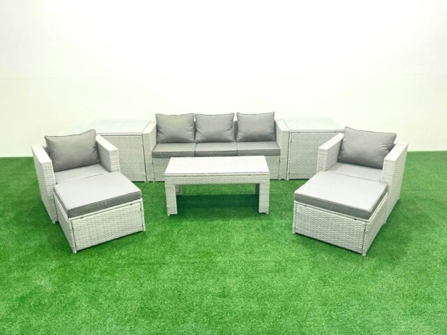 Rackhams Rattan Garden Furniture Set 7 Seater Outdoor Garden Sofa 2 Chairs Oblong Coffee Table Set with 2 Stools 2 Side Tables Light Grey Mixed - image 1
