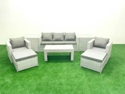 Rackhams Rattan Garden Furniture Set 7 Seater Outdoor Garden Sofa 2 Chairs Oblong Coffee Table Set with 2 Stools 2 Side Tables Light Grey Mixed - thumbnail 2