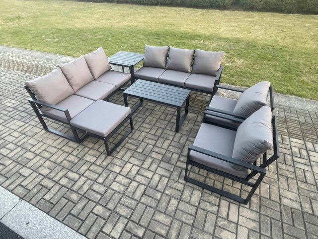 Rackhams Aluminium Outdoor Garden Furniture Set 9 Seater Garden Sofa with Oblong Coffee Table Big Footstool Side Table Dark Grey - image 1