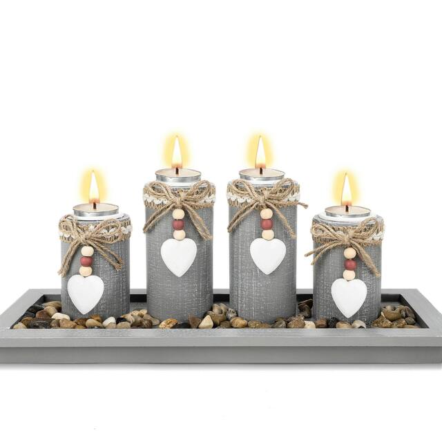 Rackhams Wooden Tealight Candle Holder Set of 4 with Decorative Tray Multiple holder Table Centrepiece for Home Decor Valentine's Day - image 1