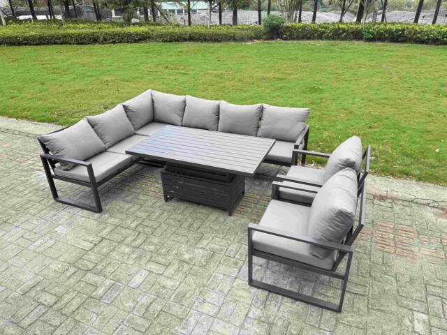 Rackhams 8 Seater Aluminium Garden Furniture Set with Adjustable Rising Dining Table, Chair, Corner Sofa - Dark Grey