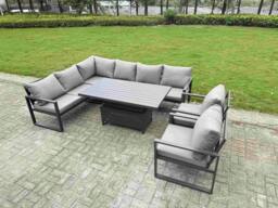 Rackhams 8 Seater Aluminium Garden Furniture Set with Adjustable Rising Dining Table, Chair, Corner Sofa - Dark Grey - thumbnail 1