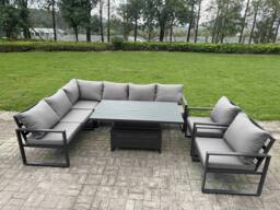 Rackhams 8 Seater Aluminium Garden Furniture Set with Adjustable Rising Dining Table, Chair, Corner Sofa - Dark Grey - thumbnail 2