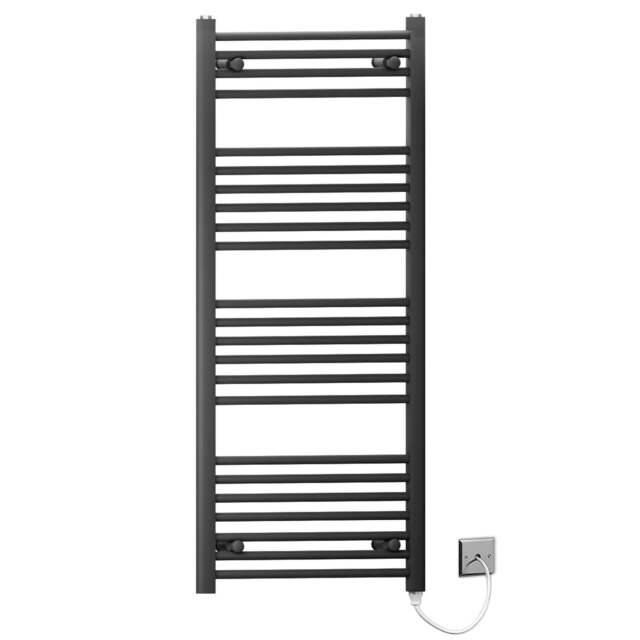 Rackhams 450 x 1200mm Black Flat Electric Pre-Filled Heated Towel Rail Radiator For Bathroom Designer Standard Element - image 1
