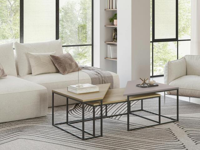Rackhams Modern OhLady Coffee Table 3-Piece Centre Table 110(W)cm Metal Frame Legs Living Room - Oak-Mocha - image 1