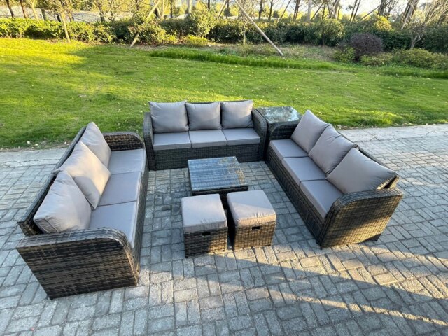 Rackhams Rattan Outdoor Furniture Set Patio Garden Sofa Set with Side Table Square Coffee Table 3 Seater Sofa Dark Grey Mixed - image 1