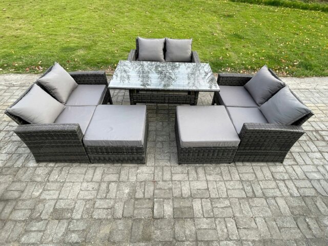 Rackhams High Back Outdoor Garden Furniture Rattan Sofa Dining Table Set with 2 Big Footstool Dark Grey Mixed - image 1