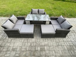 Rackhams High Back Outdoor Garden Furniture Rattan Sofa Dining Table Set with 2 Big Footstool Dark Grey Mixed - thumbnail 1