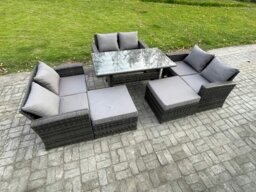 Rackhams High Back Outdoor Garden Furniture Rattan Sofa Dining Table Set with 2 Big Footstool Dark Grey Mixed - thumbnail 2