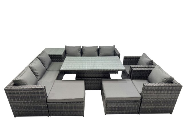 Rackhams 10 Seater Outdoor Corner Sofa Height Adjustable Rising Lifting Table Set Garden Rattan Furniture Set with Side Table 2 Big Stool Dark Grey - image 1