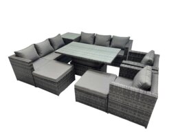 Rackhams 10 Seater Outdoor Corner Sofa Height Adjustable Rising Lifting Table Set Garden Rattan Furniture Set with Side Table 2 Big Stool Dark Grey - thumbnail 2