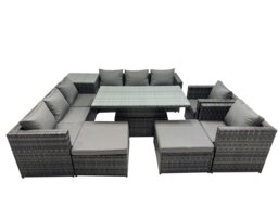 Rackhams 10 Seater Outdoor Corner Sofa Height Adjustable Rising Lifting Table Set Garden Rattan Furniture Set with Side Table 2 Big Stool Dark Grey - thumbnail 1