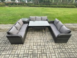 Rackhams Rattan Garden Furniture Set with Oblong Rectangular Dining Table Side Table 9 Seater Outdoor Lounge Sofa Set Dark Grey Mixed - thumbnail 1