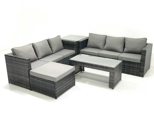 Rackhams Garden Outdoor Rattan Furniture Set with Sofa Coffee table Big Footstool Side Table Dark Grey Mixed - image 1