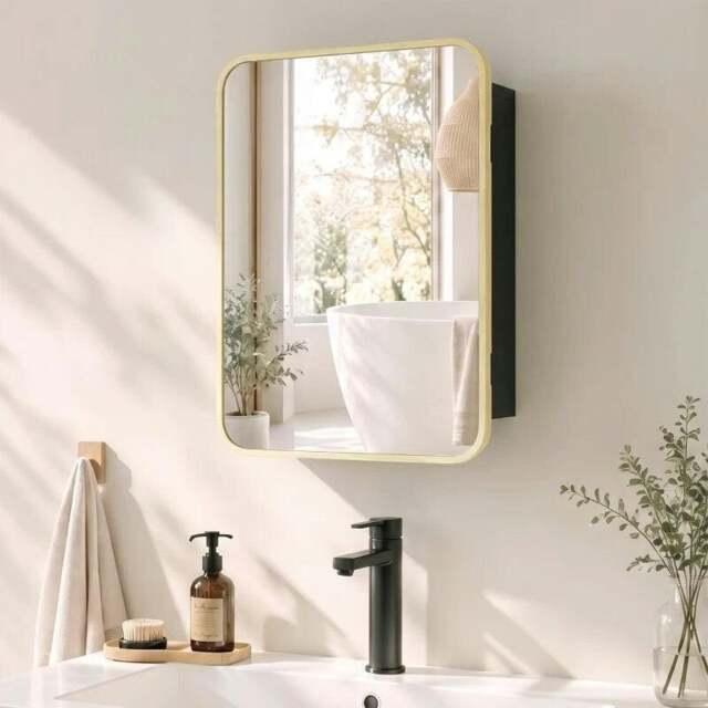 Rackhams Bathroom Medicine Mirror Cabinet, Bathroom Wall Cabinet w/ Storage, Magnetic Door, Adjustable Shelf, Natural Wood Finish - Natural wood finish - image 1