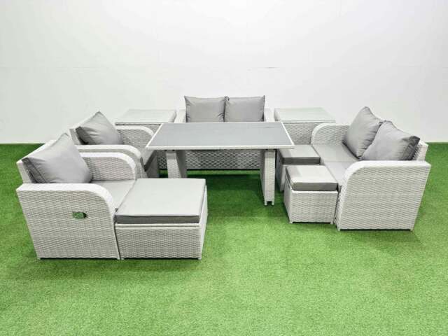 Rackhams 10 Pieces Outdoor PE Rattan Sofa Reclining Chair Set Patio Garden Furniture Sets with Cushions 2 Side Tables 3 Stools Light Grey - image 1